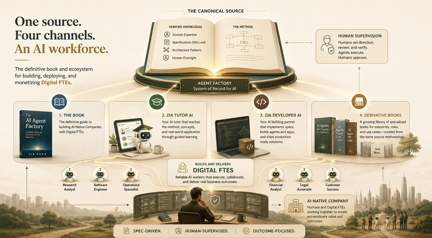 The AI Agent Factory canonical source powering four channels—the book, AI Tutor, AI Developer, and derivative books—which build Digital FTEs under human supervision for an AI-Native Company.