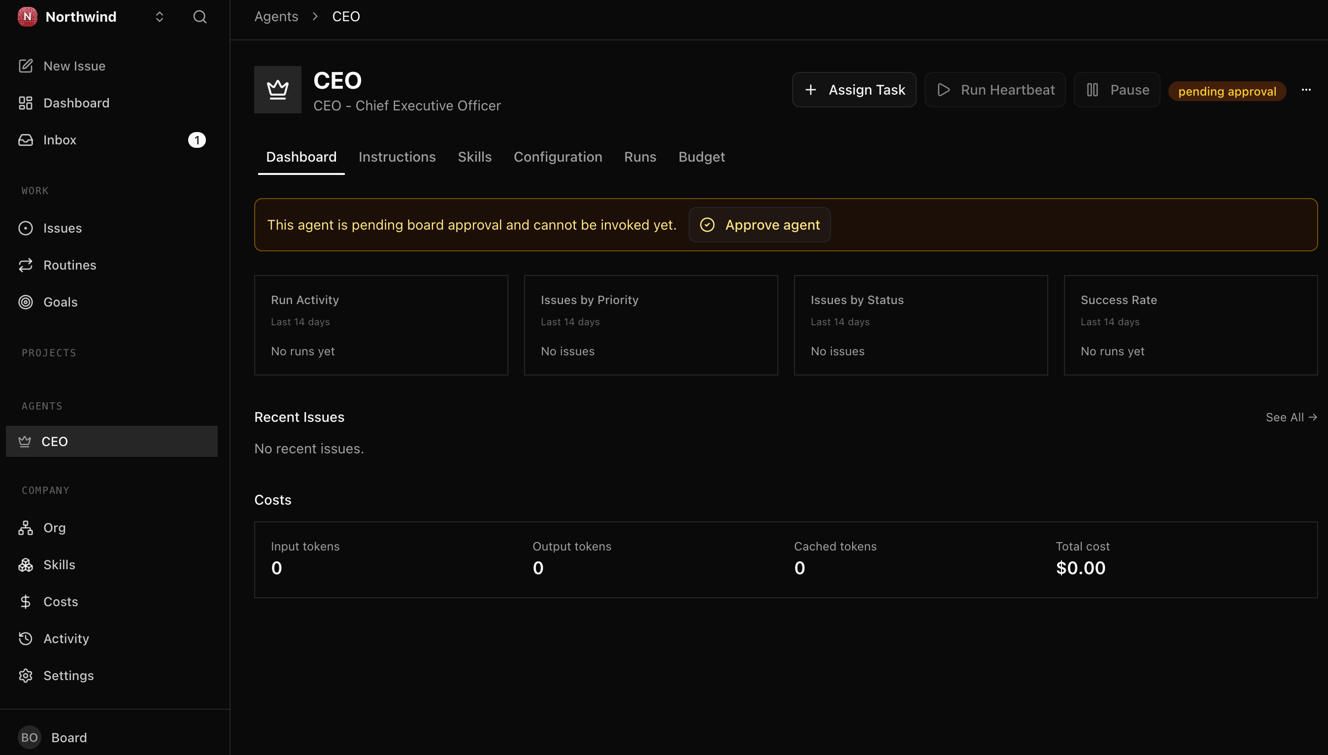The CEO agent page with a 'pending approval' badge next to the name and a banner that reads 'This agent is pending board approval and cannot be invoked yet,' alongside an 'Approve agent' button. Run activity, issues, and cost are all empty at $0.00 because the CEO has not started working.